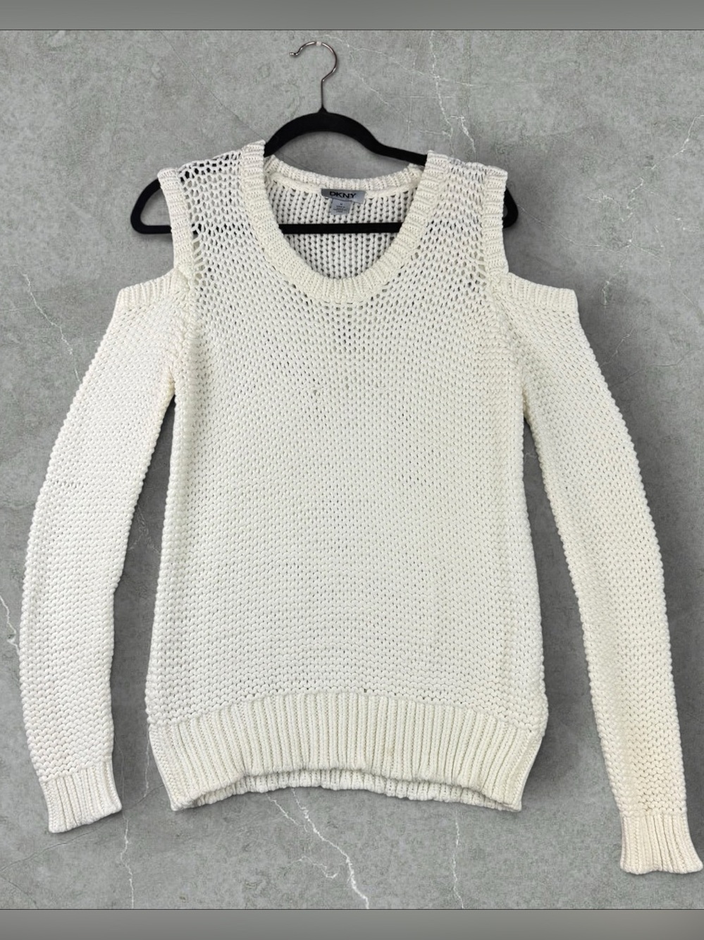 DKNY Off-Shoulder Open-Knit Sweater in Cream Large